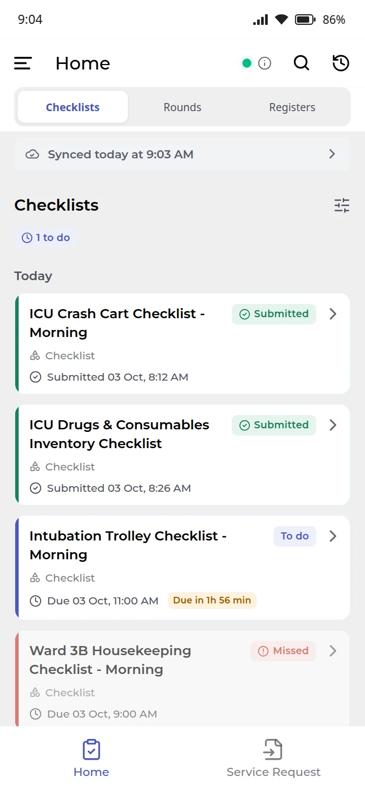 The EaseOps app on a phone, open on today’s checklists for a ward, with the last sync time. Sample data.